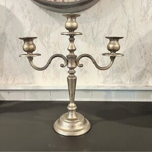 Vintage 3 Arm Pewter Heavy Candelabra 14 Inches Tall